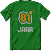 81 Jaar Feest T-Shirt | Goud - Zilver | Grappig Verjaardag Cadeau Shirt | Dames - Heren - Unisex | Tshirt Kleding Kado | - Donker Groen - 3XL