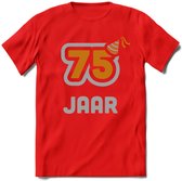 75 Jaar Feest T-Shirt | Goud - Zilver | Grappig Verjaardag Cadeau Shirt | Dames - Heren - Unisex | Tshirt Kleding Kado | - Rood - S