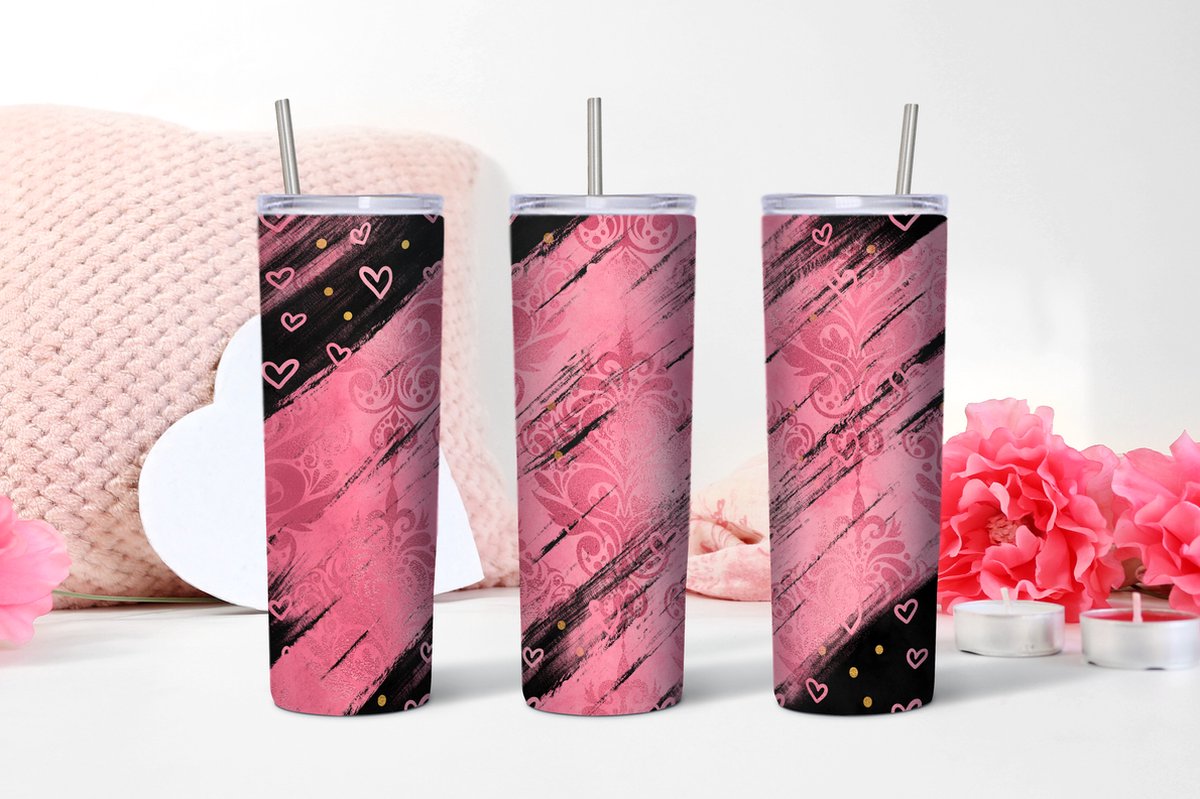 Tumbler - Zwart/ roze design met hartjes [valentijn][moederdag][kerst][cadeau] [600 ml]