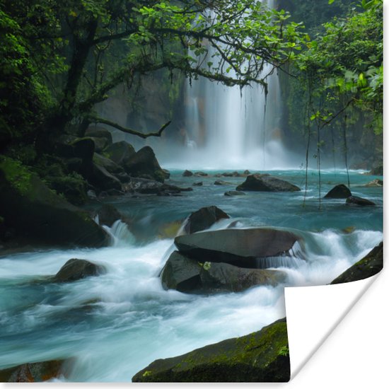 Poster Helderblauwe wilde rivier en watervallen in het regenwoud van Costa Rica