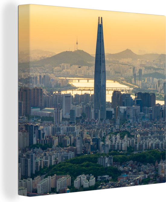 Tableau sur toile Skyline de Séoul en Corée du Sud avec un ciel orange - 50x50 cm - Décoration murale