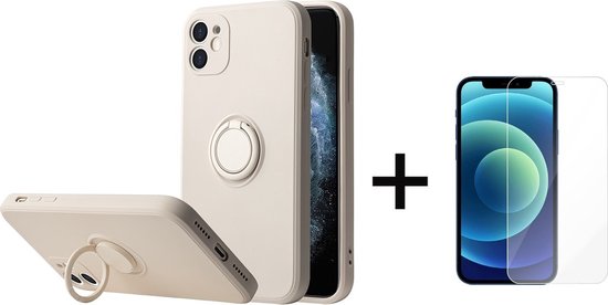 Back Cover geschikt voor Apple iPhone 13 | Telefoonhoesje | Ring Houder | Wit + 1x Screenprotector