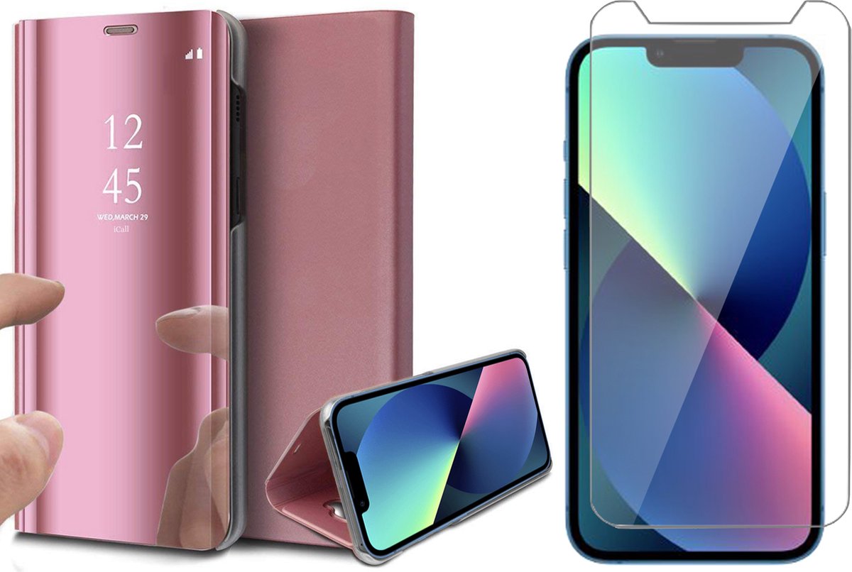 Hoesje geschikt voor iPhone 13 Mini en Screenprotector - Spiegel Book Case - Roze