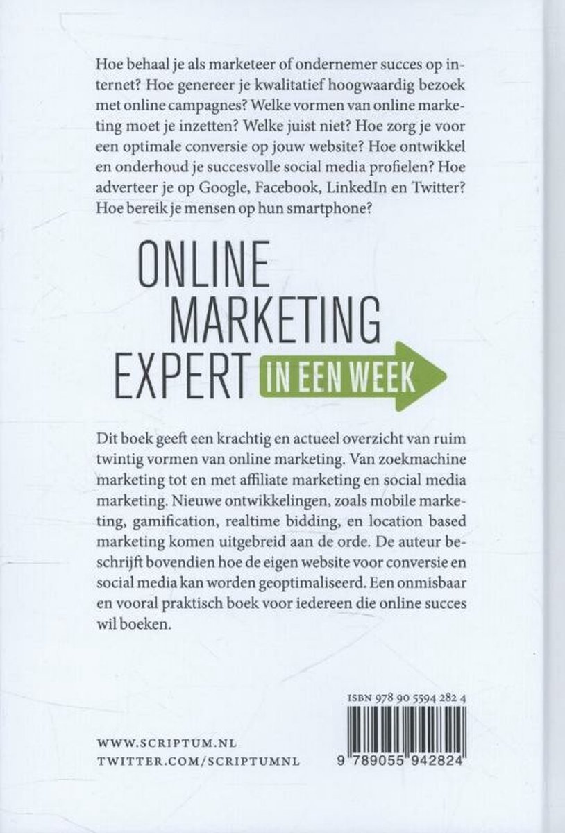 Achterkant van het boek 'Online Marketing Expert in een Week'. Met beschrijvingen en ISBN.
