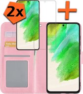 Samsung Galaxy S21 FE Hoesje Bookcase Met 2x Screenprotector - Samsung S21 FE 2x Screenprotector - Samsung Galaxy S21 FE Book Case Met 2x Screenprotector Licht Roze