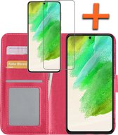 Samsung Galaxy S21 FE Hoesje Bookcase Met Screenprotector - Samsung S21 FE Screenprotector - Samsung Galaxy S21 FE Book Case Met Screenprotector Donker Roze