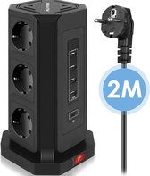 HOVNEE stekkerdoos-strip 9-voudige stekkerdoos-toren (2500W / 10A) met 4 USB-A en 1 Type-C laadaansluitingen en 2,0 m kabel (5V / 3,1 A), overspanningsbeveiliging en kortsluitbevei