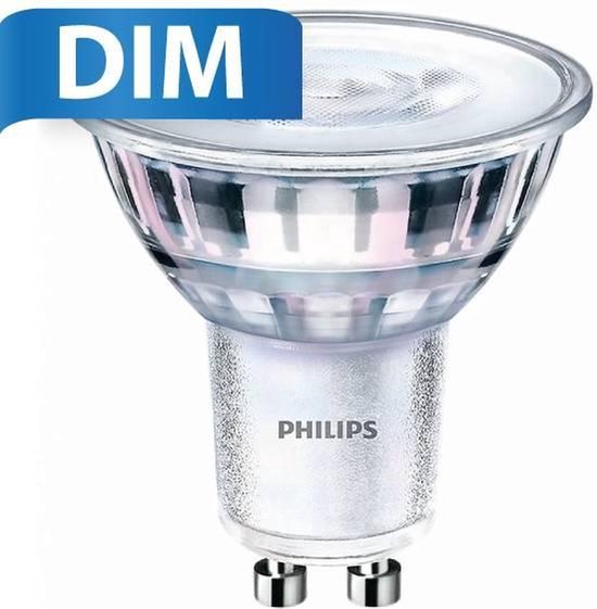 Philips LED GU10 spot met "DIM"-label, zilverkleurige fitting.