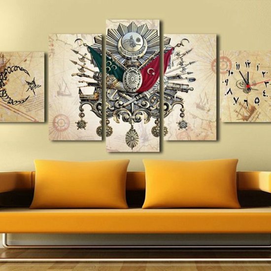 Peintures sur toile - 5 Pieces armoiries ottomanes avec peinture sur toile d'horloge au Design spécial (ConcepTurkey - 5 Parça Osmanlı Armalı Özel Tasarım Saatli Kanvas Tablo)