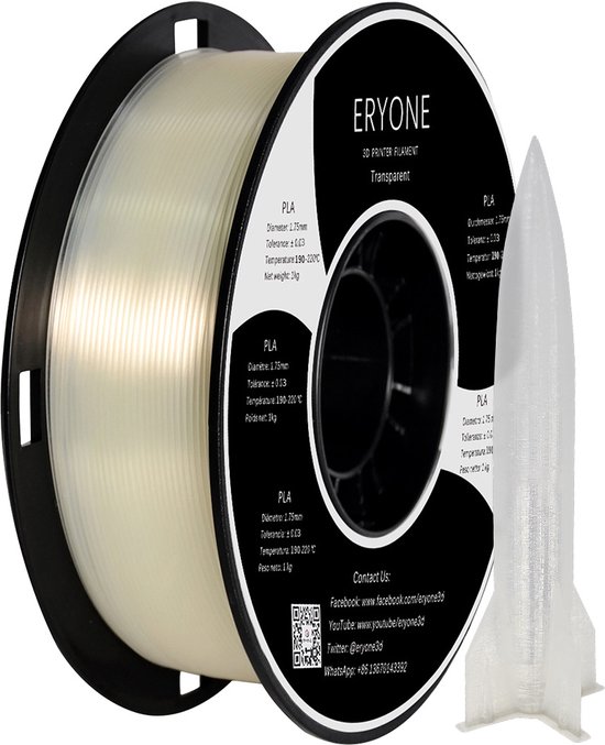 Eryone - Transparant - PLA Filament - 1.75mm 1Kg - Voor 3D Printer en 3D Pen