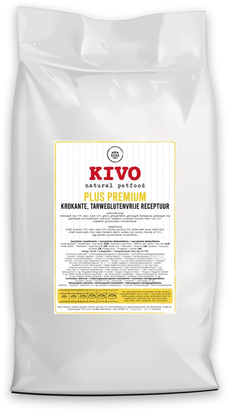 Kivo Petfood - Hondenbrokken krokant Plus Premium 15 kg - Kip & Rijst - Tarweglutenvrije receptuur