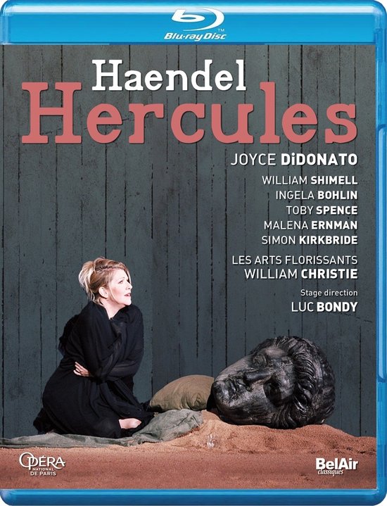 Blu-ray hoes met tekst "Haendel Hercules" en een afbeelding van een vrouw met een hoofd.