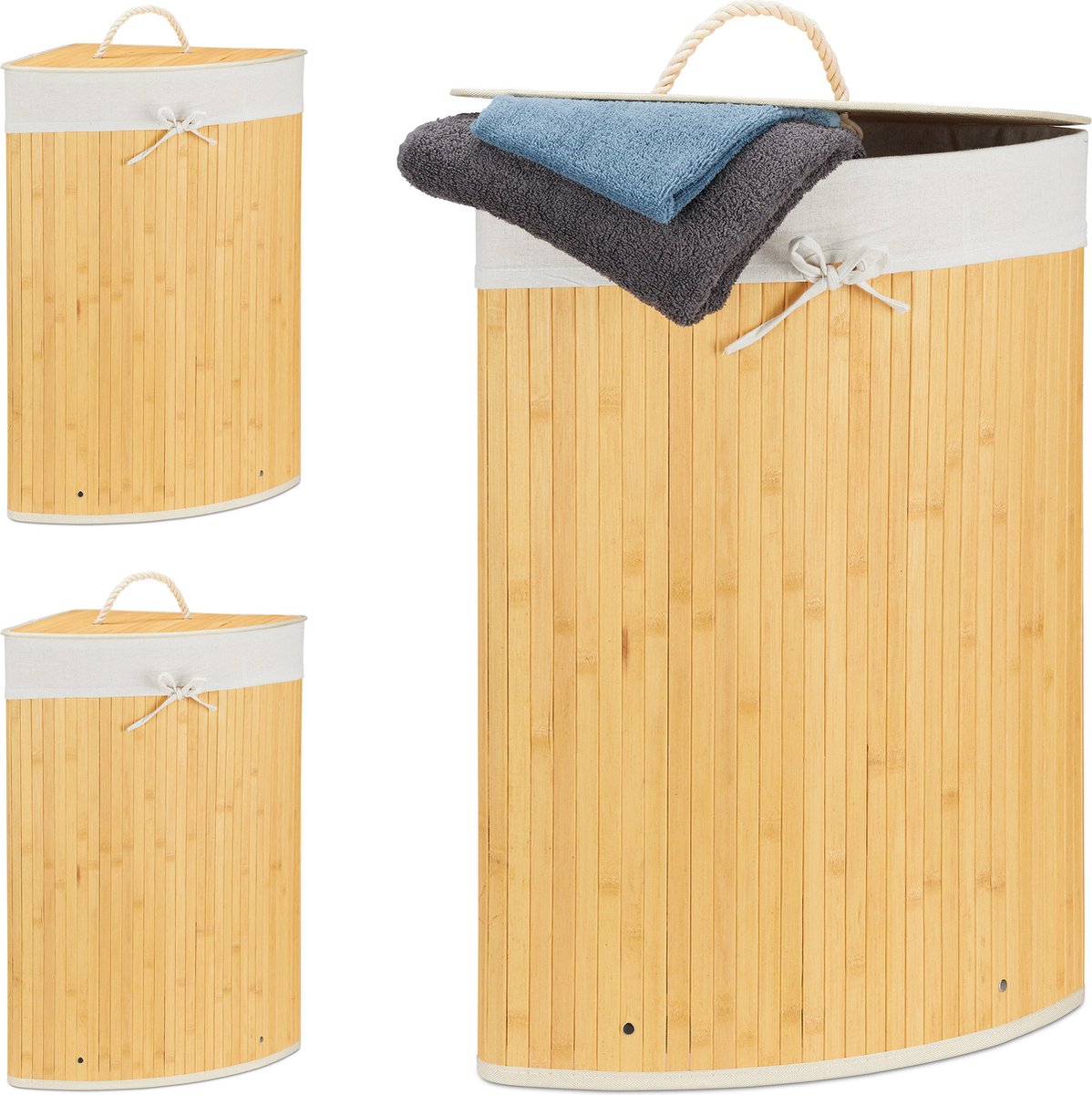 3x wasmand hoekmodel bamboe - 60 liter - deksel - wasbox - driehoekig - crème