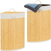 Relaxdays 2x wasmand hoekmodel bamboe - 60 liter - deksel - wasbox - driehoekig - crème