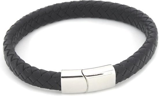 Dielay - Bracelet Homme 8 mm - Cuir et acier inoxydable - Longueur 21 cm - Zwart