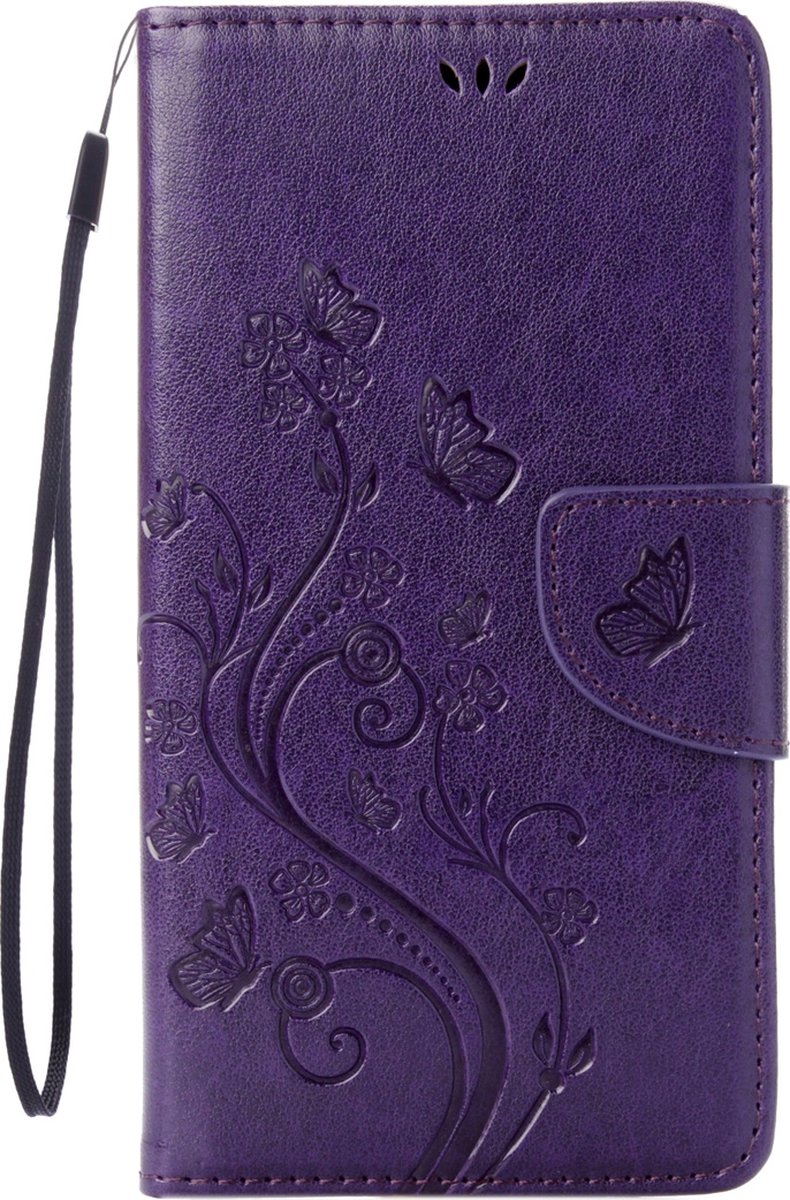 Mobigear Telefoonhoesje geschikt voor Apple iPhone SE (2020) Hoesje | Mobigear Flowers Bookcase Portemonnee | Pasjeshouder voor 2 Pasjes | Telefoonhoesje voor Pinpas / OV Kaart / Rijbewijs - Paars