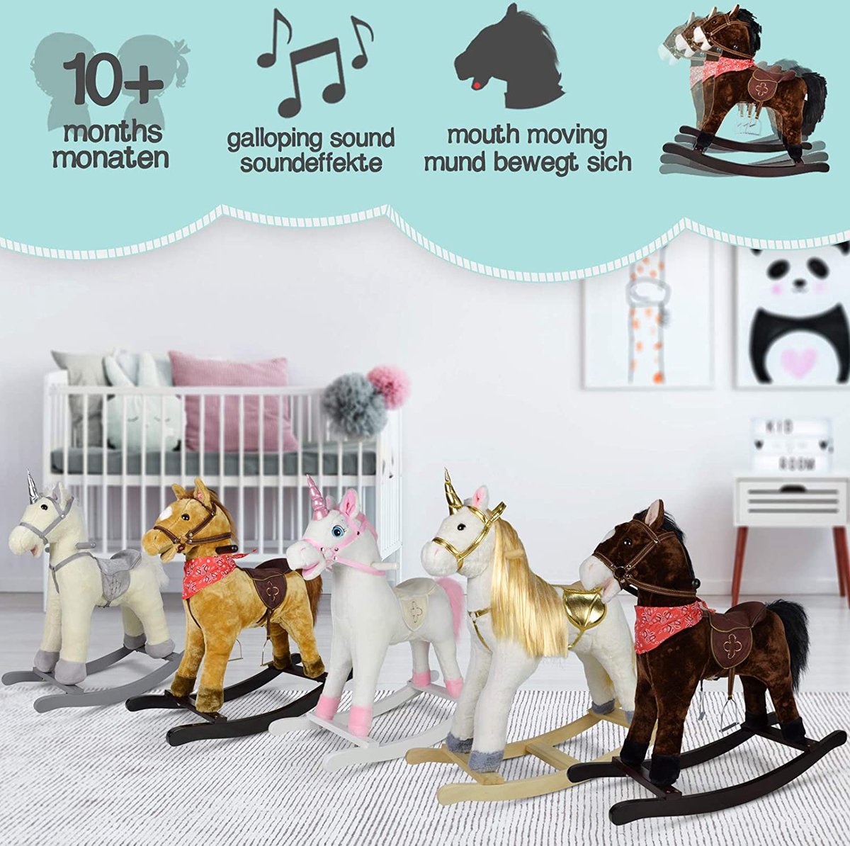 Zaza Home Hobbelpaard Voor Kinderen Baby Schommeldier Paard Met Dierengeluiden Speelgoed Handgrepen Voor 36 72 Maanden Pluche Grijs 73 X 35 X 64 Cm