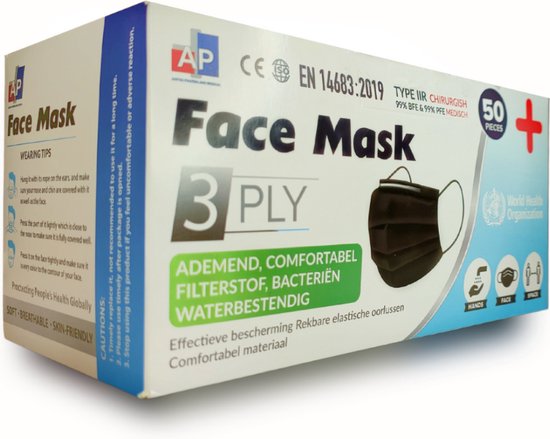 Medisch 3laags gezichtsmaskers - mondmasker IIR - mondkapje (zwart) - 50 per doos - Merkloos