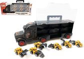 Bouw vrachtwagen transporter truck - speelgoed mini werkvoertuigen - transporter 6-delig set koffer - Oplegger - 34cm