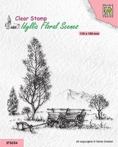 IFS054 Nellie Snellen Clearstamp - Idyllic floral scenes Meadow with cart - landschap stempel wei met kar en boom - huifkar