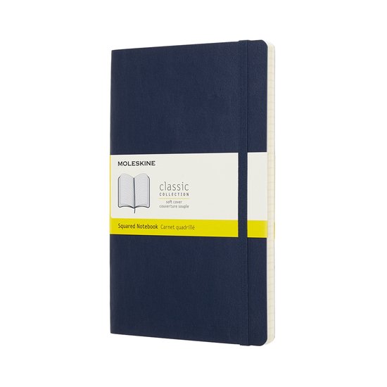 Un carnet Moleskine fermé bleu saphir à couverture souple avec fermeture élastique. Une étiquette indique 'Moleskine Classic Collection Squared Notebook'.