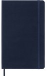 Donkerblauw Moleskine notitieboek met elastische band en bladwijzer.