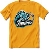 Fishing - Vissen T-Shirt | Grappig Verjaardag Vis Hobby Cadeau Shirt | Dames - Heren - Unisex | Tshirt Hengelsport Kleding Kado - Geel - 3XL