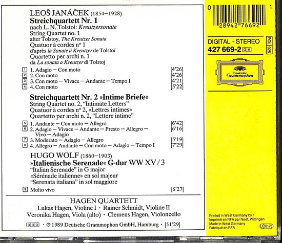 Janacek String Quartets No 1 And 2 Etc Vlach Quartet Et Al Leos Janacek Cd 