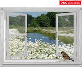 D&C Collection - tuinposter - 90x65 cm - doorkijk - wit luxe venster watersloot - margrieten -mus - tuin decoratie - tuinposters buiten - schuttingposter - tuinschilderij