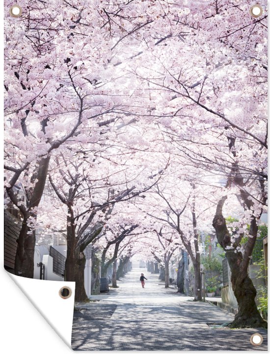 Tuin decoratie Japanse straat met Sakura bomen in april - 30x40 cm - Tuindoek - Buitenposter