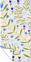 Tuinposter Bloem - Bladeren - Blauw - 30x60 cm - Tuindoek - Buitenposter