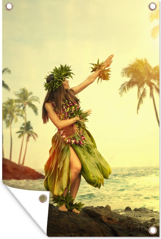Tuinposters buiten Vrouw doet een traditionele dans op het strand in Hawaï - 60x90 cm - Tuindoek - Buitenposter