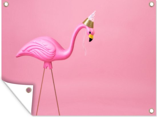 Roze flamingo met een feesthoed