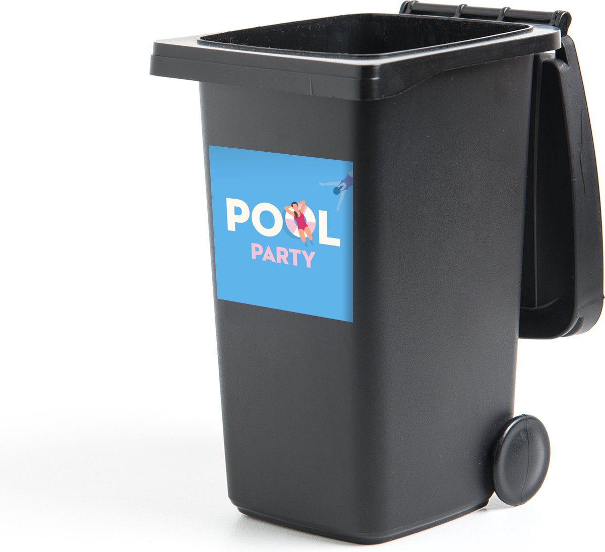Container sticker Het woord 'pool party' waarbij de tweede o een zwemband is waar een vrouw in ligt - 40x40 cm - Kliko sticker