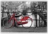 Rode Fiets op Gracht Amsterdam - Foto op Aluminium  - Foto op Dibond - Aluminium Schilderij - Wanddecoratie - 140x70 cm