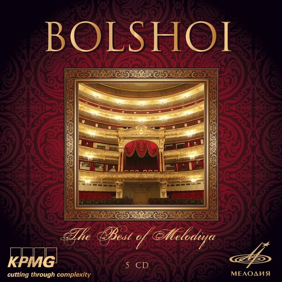 CD-hoes met tekst "BOLSHOI The Best of Melodiya 5 CD" en een afbeelding van de gouden en rode foyer van het Bolsjojtheater.