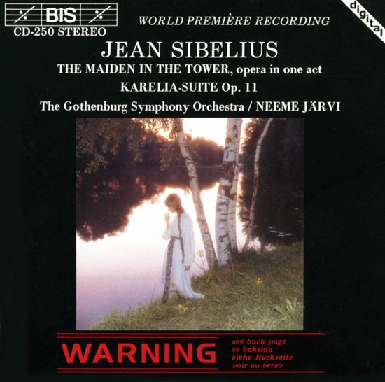 Albumhoes met orkest en dirigent Jean Sibelius, "The Maiden in the Tower", Karelia Suite Op. 11. Een vrouw in wit staat aan de rand van een meer.