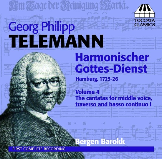 CD-hoes met een gravure van Georg Philipp Telemann, met de titel 'Harmonischer Gottes-Dienst Hamburg, 1725-26', Volume 4.