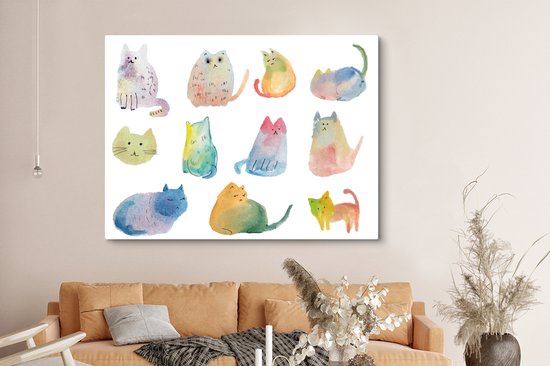 Canvas schilderij 160x120 cm - Wanddecoratie Katten - Illustratie - Kleuren - Muurdecoratie woonkamer - Slaapkamer decoratie - Kamer accessoires - Schilderijen