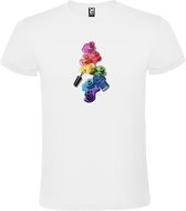 Wit t-shirt met prachtige kleurrijke omgevallen flesjes nagellak als print Size XS