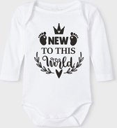 Baby Rompertje met tekst 'New to this world' | Lange mouw l | wit zwart | maat 62/68 | cadeau | Kraamcadeau | Kraamkado