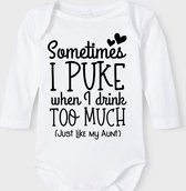 Baby Rompertje met tekst 'Sometimes i puke when i drink too much, just like my aunt' |Lange mouw l | wit zwart | maat 50/56 | cadeau | Kraamcadeau | Kraamkado