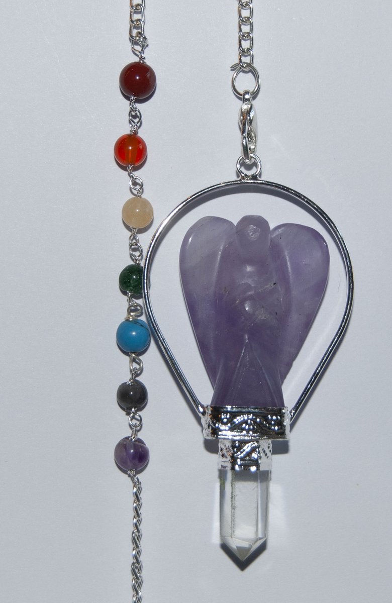 Pendel met amethist engel, bergkristal punt en chakra ketting. Edelsteen. Pendelen.