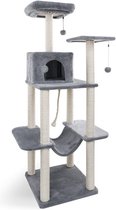 Luxe Houten Krabpaal voor Katten - Kattenboom - Speelhuis Voor Katten - Klimboom van Hout en Sisal Touw - Kattenspeelgoed/Kattenmand - Grijs 153 cm