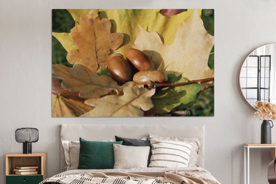 Canvas schilderij 150x100 cm - Wanddecoratie Eikels in de herfst zon - Muurdecoratie woonkamer - Slaapkamer decoratie - Kamer accessoires - Schilderijen