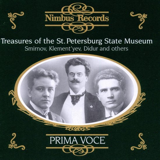 Drie mannen in een ovaal portret met de tekst "Treasures of the St. Petersburg State Museum" en "Prima Voce".