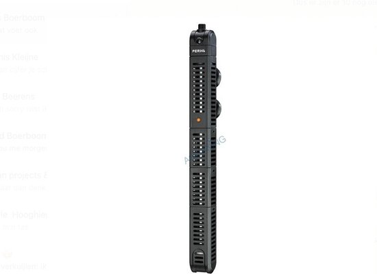 Zwarte PERIHA aquariumverwarmer met een verticale sleuf- en stippenstructuur en een instelwiel bovenop.