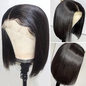Damespruik Echt Haar - Damespruik - Human Hair Wig - Haarstuk - Haarwerk - Pruiken Dames Echt Haar - Donkerbruin - Steil