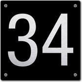 Huisnummerbord - huisnummer 34 - zwart - 12 x 12 cm - rvs look - schroeven - naambordje - nummerbord  - voordeur