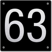 Huisnummerbord - huisnummer 63 - zwart - 12 x 12 cm - rvs look - schroeven - naambordje - nummerbord  - voordeur